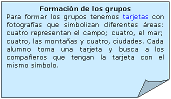 Esquina doblada: Formacin de los grupos
Para formar los grupos tenemos tarjetas con fotografas que simbolizan diferentes reas: cuatro representan el campo; cuatro, el mar; cuatro, las montaas y cuatro, ciudades. Cada alumno toma una tarjeta y busca a los compaeros que tengan la tarjeta con el mismo smbolo.

